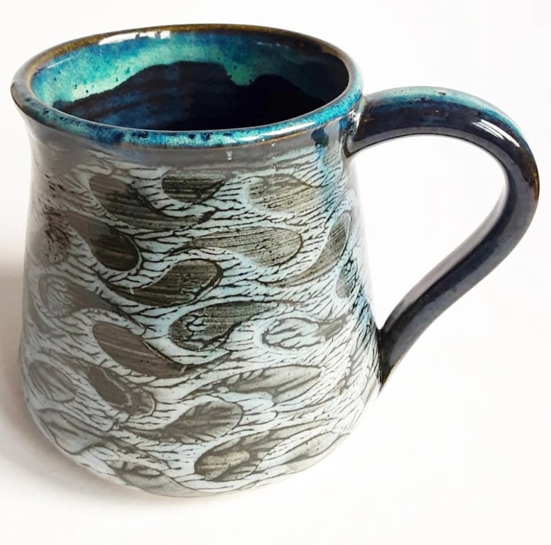 Mug Patterned Blue Glazed  - Hand Thrown Stoneware Ceramic Mug 