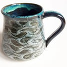 Mug Patterned Blue Glazed  - Hand Thrown Stoneware Ceramic Mug 
