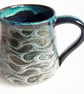 Mug Patterned Blue Glazed  - Hand Thrown Stoneware Ceramic Mug 