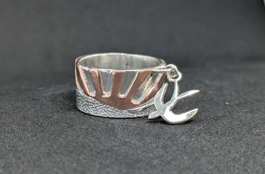 Handmade band ring, Sunset ring with silver swallow, Charm ring, Summer