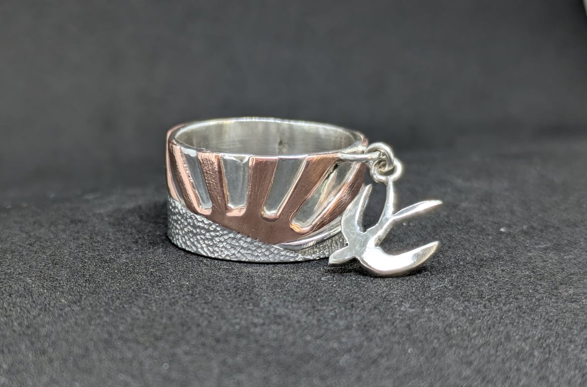 Handmade band ring, Sunset ring with silver swallow, Charm ring, Summer