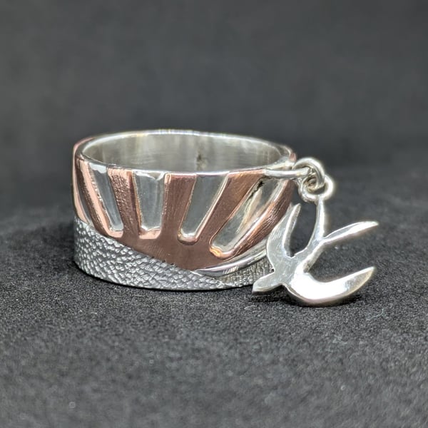 Handmade band ring, Sunset ring with silver swallow, Charm ring, Summer