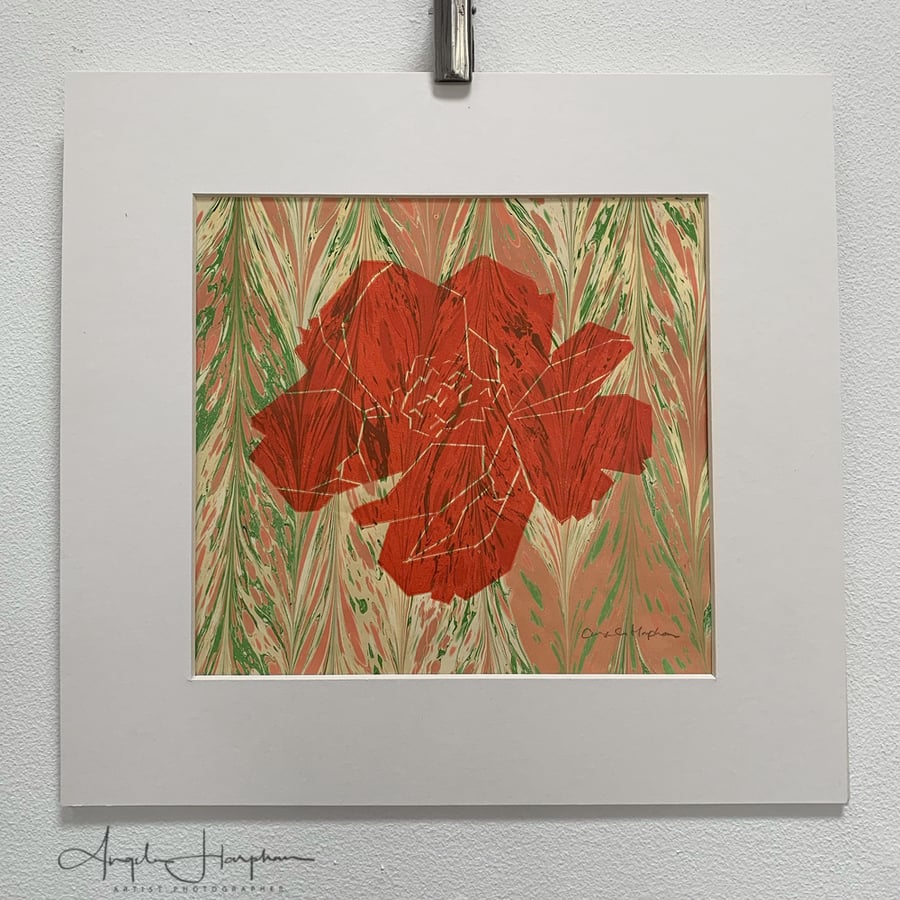 Original Lino Print of Stylised Peony Shimane Chojuraku