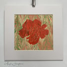 Original Lino Print of Stylised Peony Shimane Chojuraku