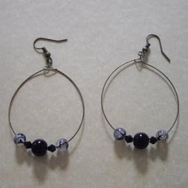 Black Gemstone Bronze Tone Hoop Earrings - UK Free Post