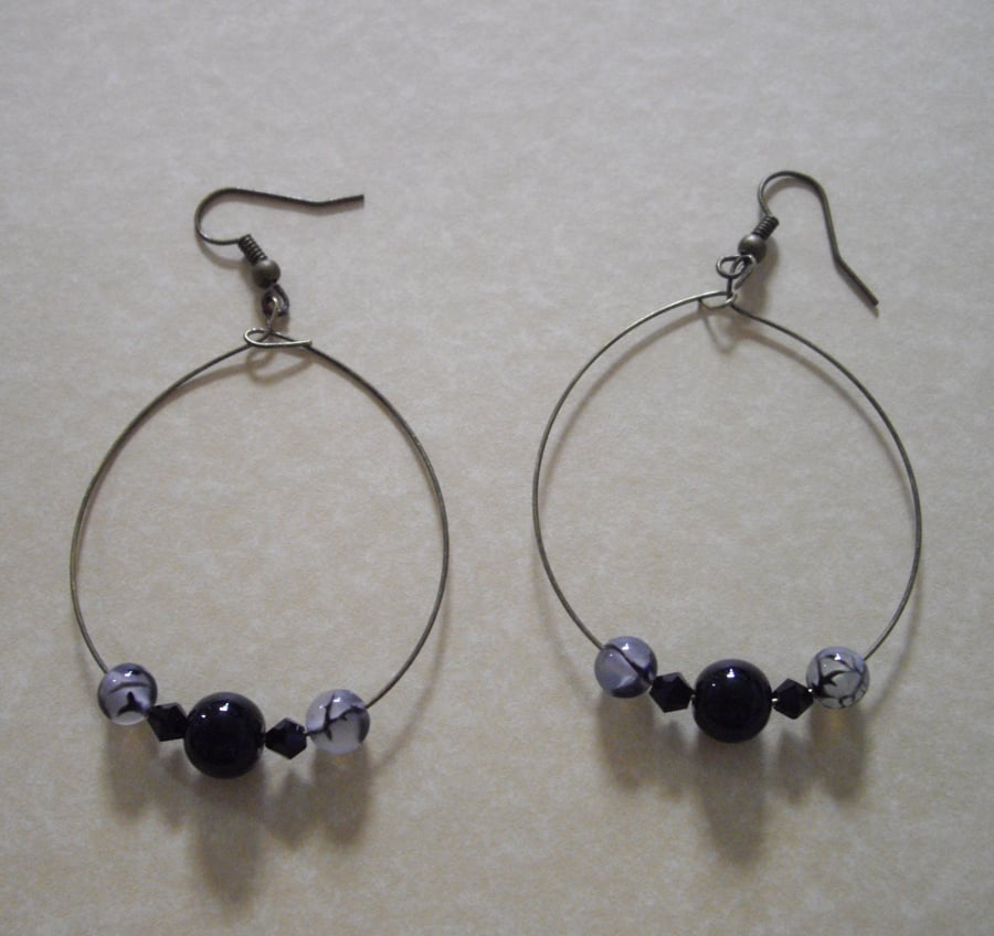 Black Gemstone Bronze Tone Hoop Earrings - UK Free Post