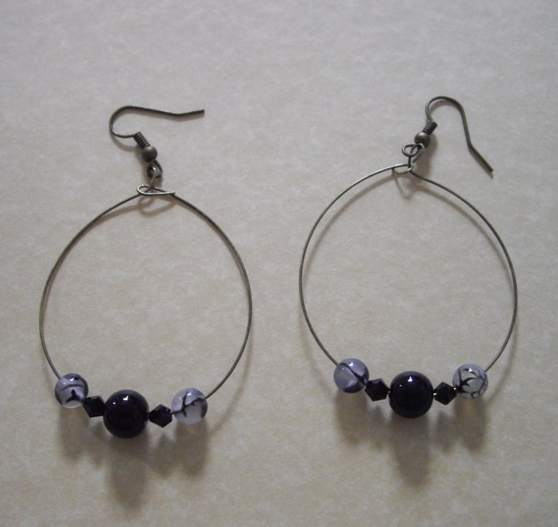 Black Gemstone Bronze Tone Hoop Earrings - UK Free Post