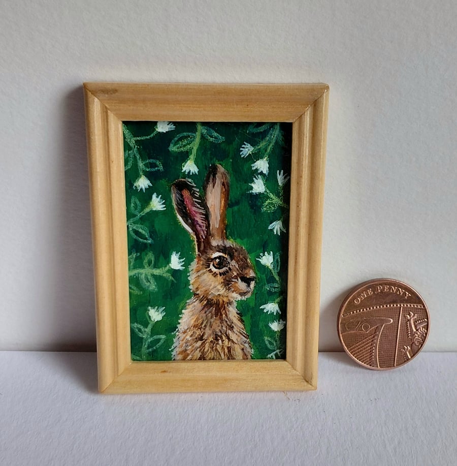 Hare Amongst The Flowers  Miniature Oil Original Painting 