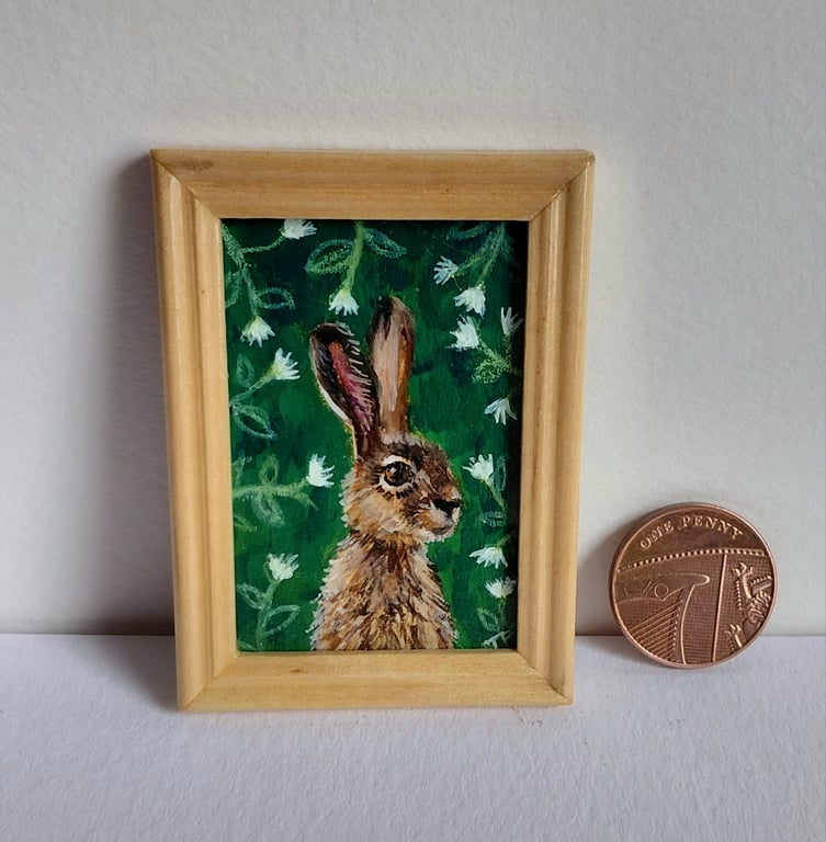Hare Amongst The Flowers  Miniature Oil Original Painting 
