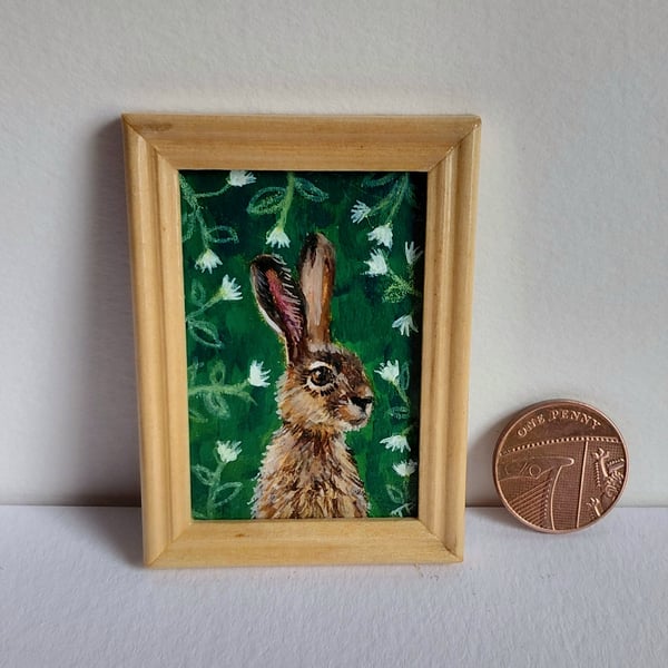 Hare Amongst The Flowers  Miniature Oil Original Painting 