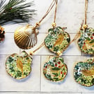 Set of 6 William Morris Strawberry Thief Green & Gold Hanging Shell Ornaments 