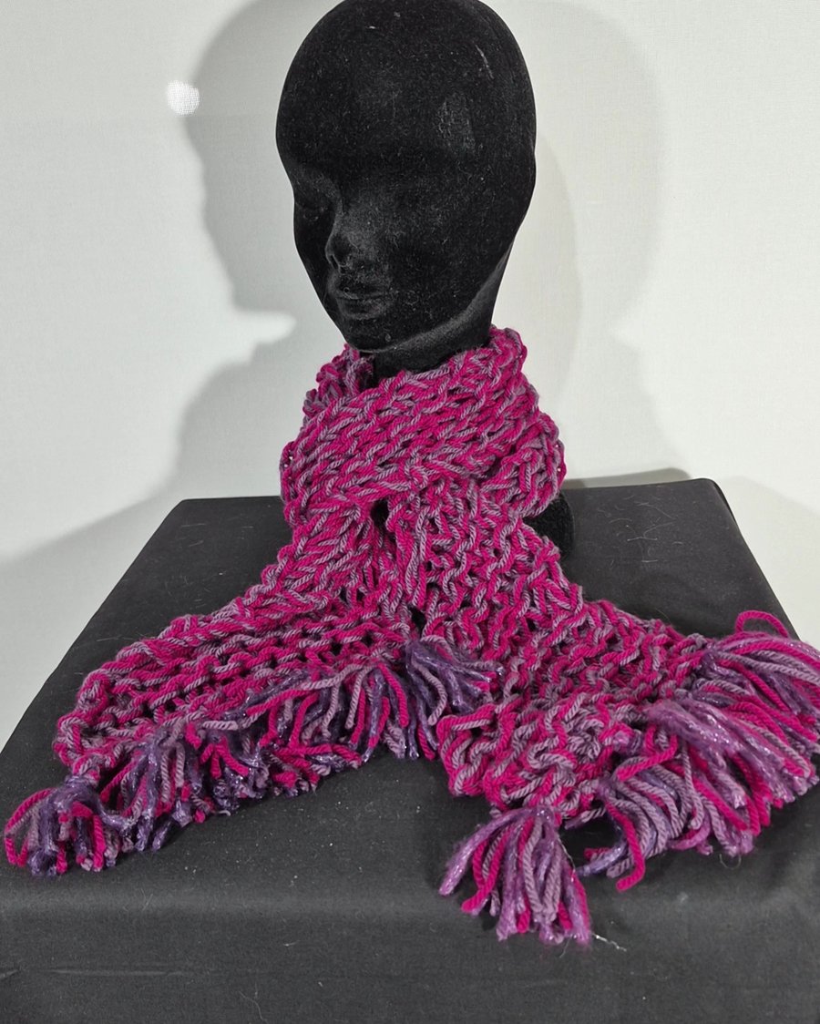 31..Handknitted Scarf in Pink and Mauve.