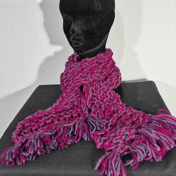 31..Handknitted Scarf in Pink and Mauve.