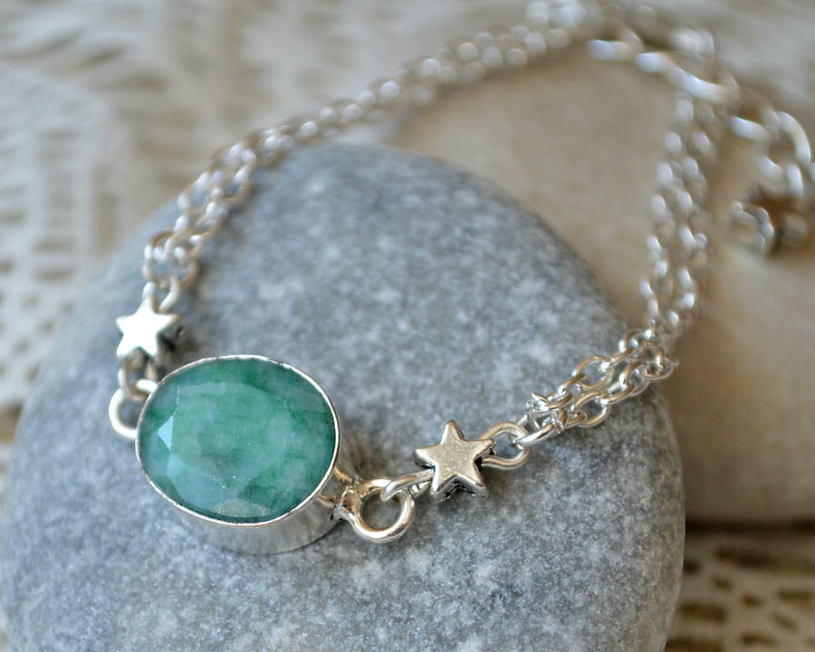 Raw Emerald Bracelet with Silver Stars Folksy