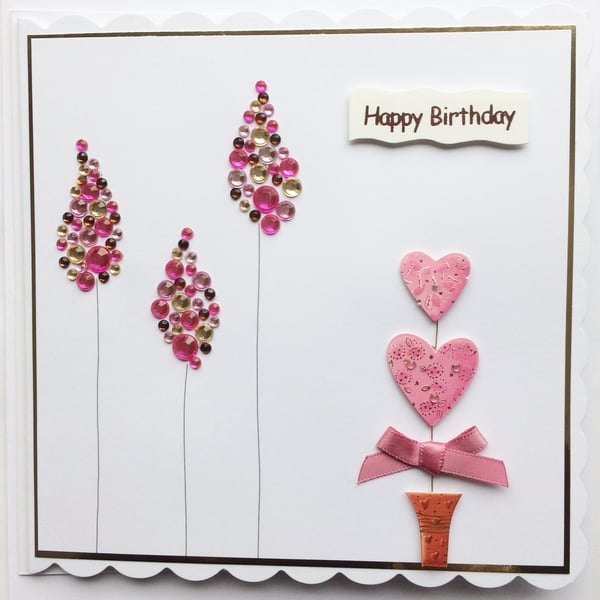 Happy Birthday Card Love Heart Topiary and Gem Trees 3D Luxury Handmade Card 