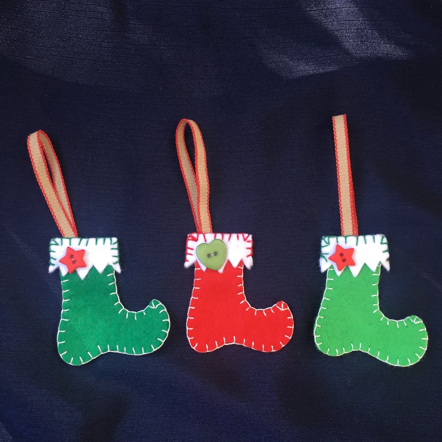 Christmas Stockings Decorations Set of 3 Felt Handmade Ornaments SECONDS SUNDAY