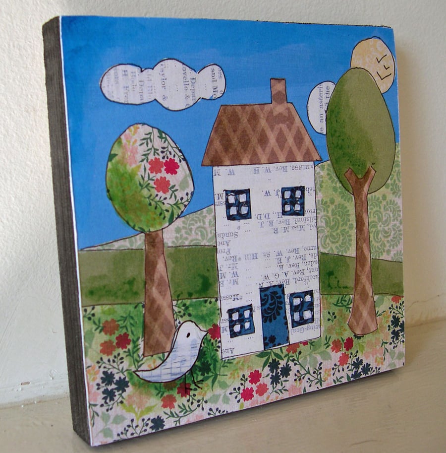 House in the Meadow Mounted Print on Wooden Block