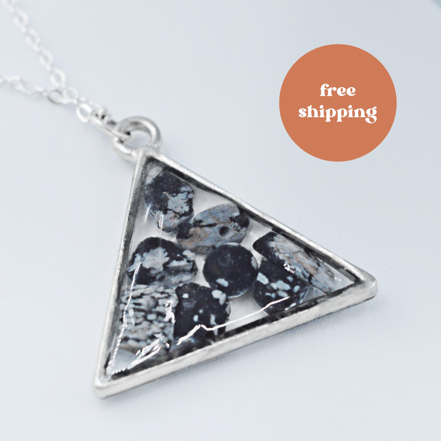 Snowflake Obsidian Silver plated Triangle Worry Stone Necklace - Free Postage