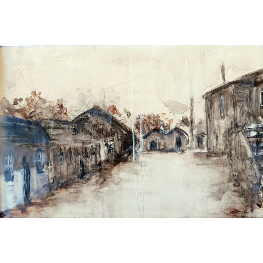 Maker Heights  Cornwall Artillery Sheds Mixed Media Painting on Yupo paper