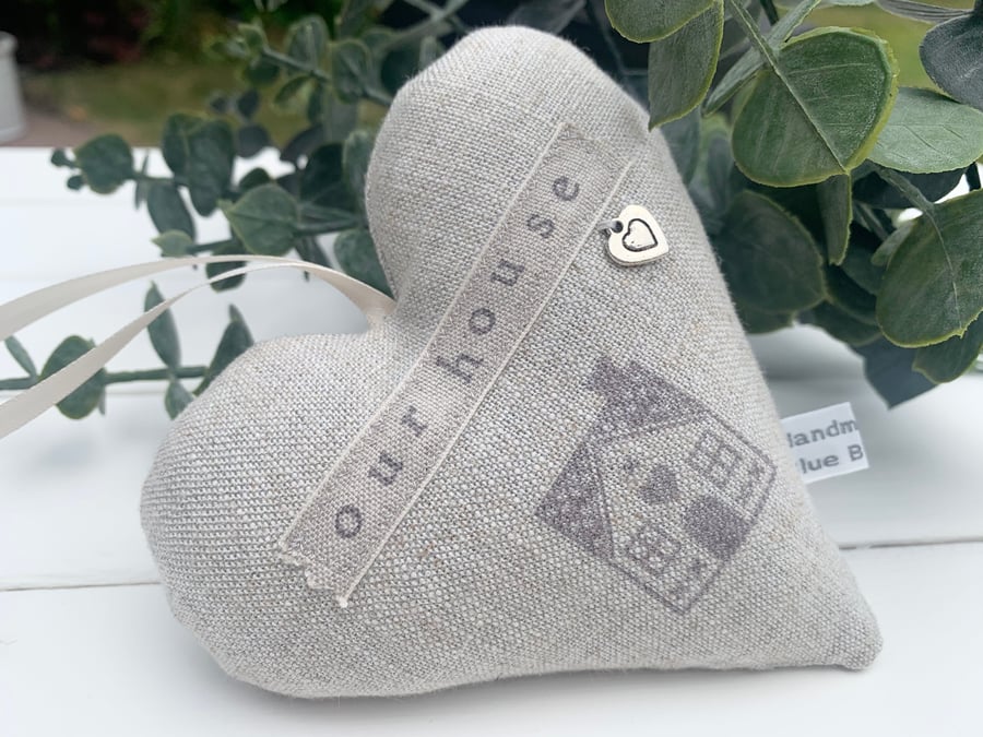 Fabric lavender heart, ‘our house’  hand stamped, new home linen heart
