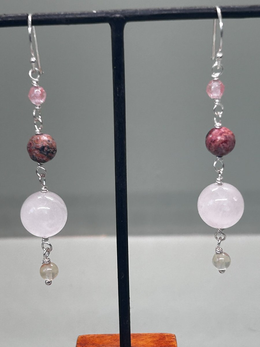Rose Quartz and Jasper dropper earrings, sterling silver wires