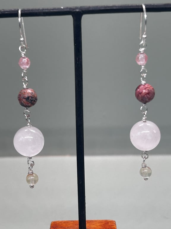 Rose Quartz and Jasper dropper earrings, sterling silver wires