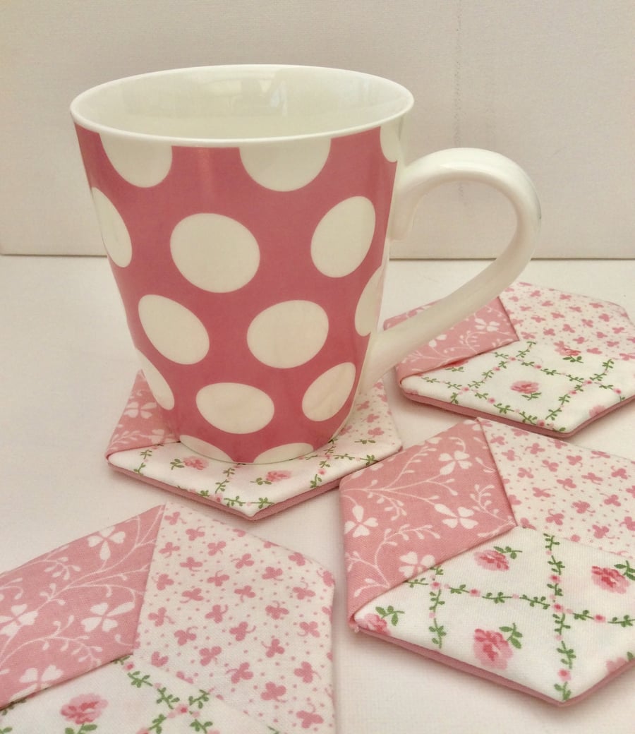 Set of four coasters, mug rugs, floral fabric, pink