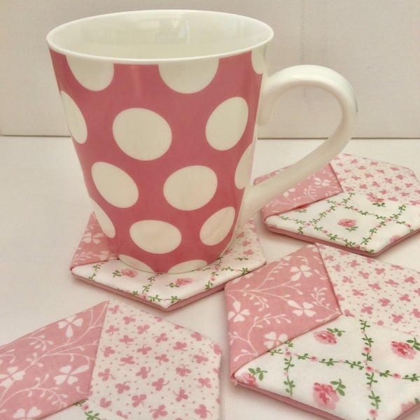 Set of four coasters, mug rugs, floral fabric, pink