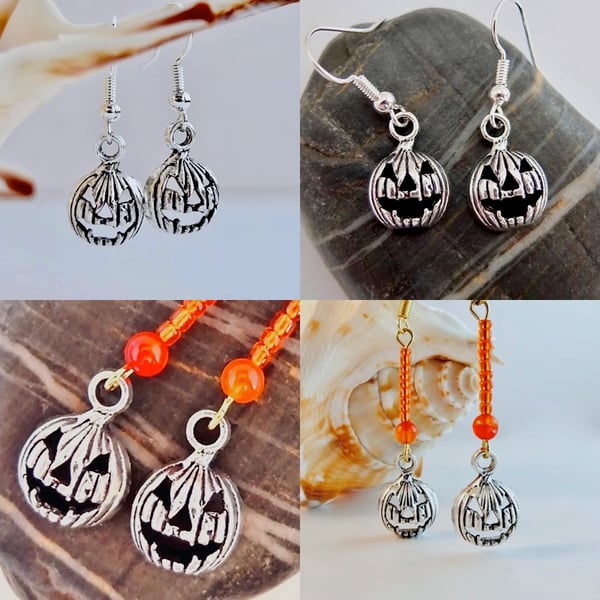 Halloween Earrings Twin Pack, Scary Silver Pumpkins, Price Includes UK Postage