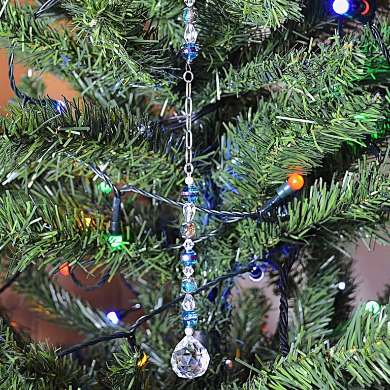 Suncatcher – Blue Glass and Crackle Glass with Chain and Crystal Drop