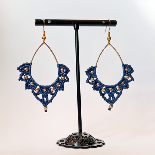 Earrings Macrame Mandala - Navy & Gold FREE UK P&P