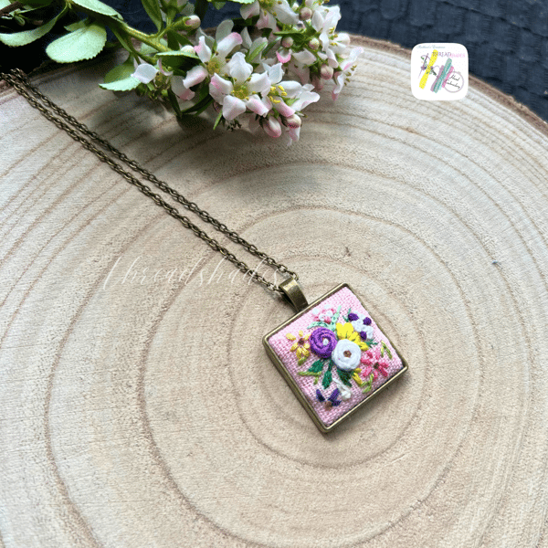 Hand embroidered pendant, antique bronze square pendant, floral embroidered 