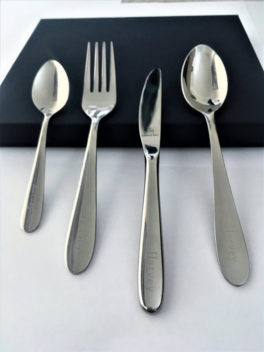 Childrens Kids Personalised Engraved 4 Piece Cutlery Set in bespoke Gift Box