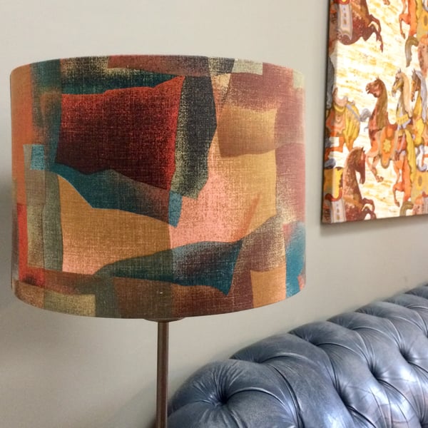 Abstract Earthy Tones Mid Century Style Lampshade in Retro Brown Teal fabric