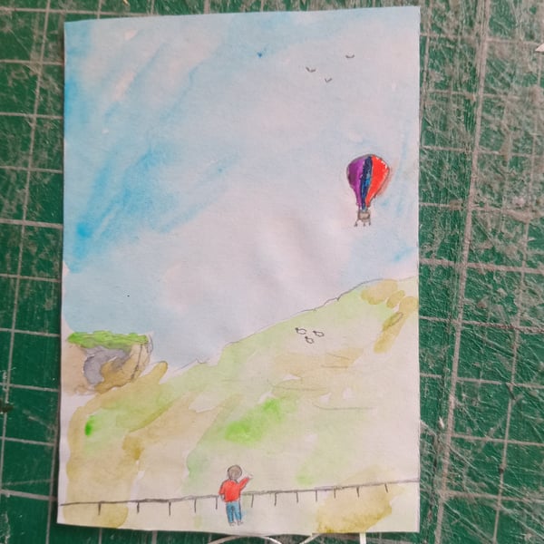 Original watercolour aceo illustration style landscape with figure