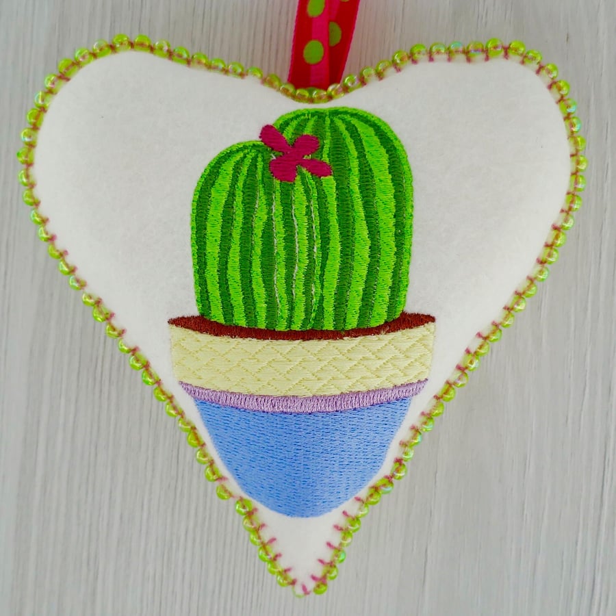 Felt Heart Embroidered Decoration 12.5cm (5”): Cactus 