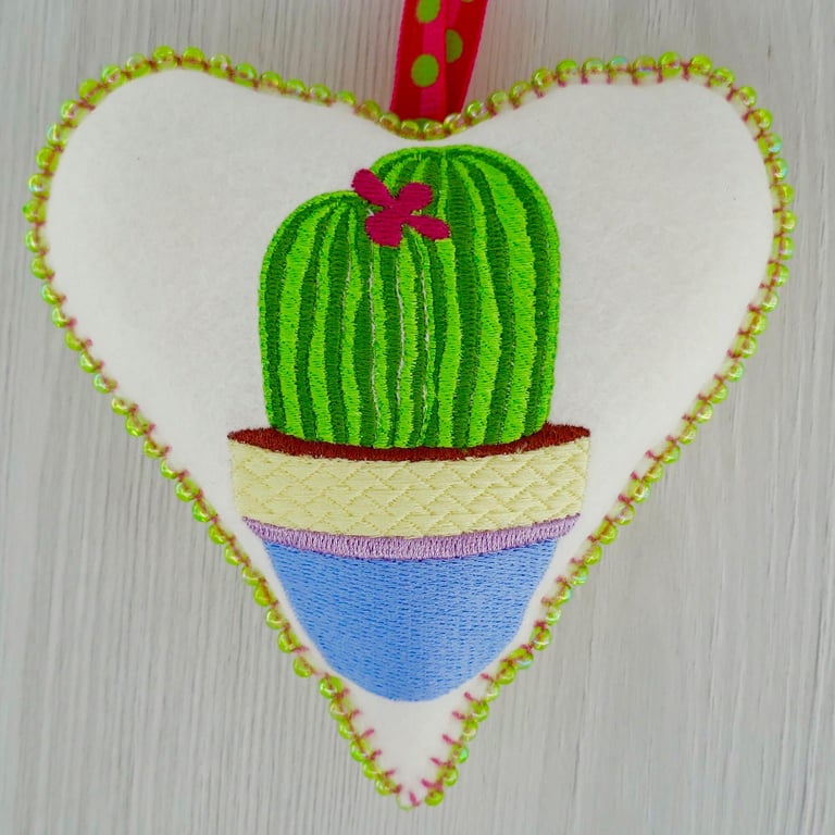 Felt Heart Embroidered Decoration 12.5cm (5”): Cactus 