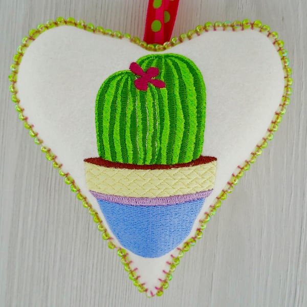 Felt Heart Embroidered Decoration 12.5cm (5”): Cactus 