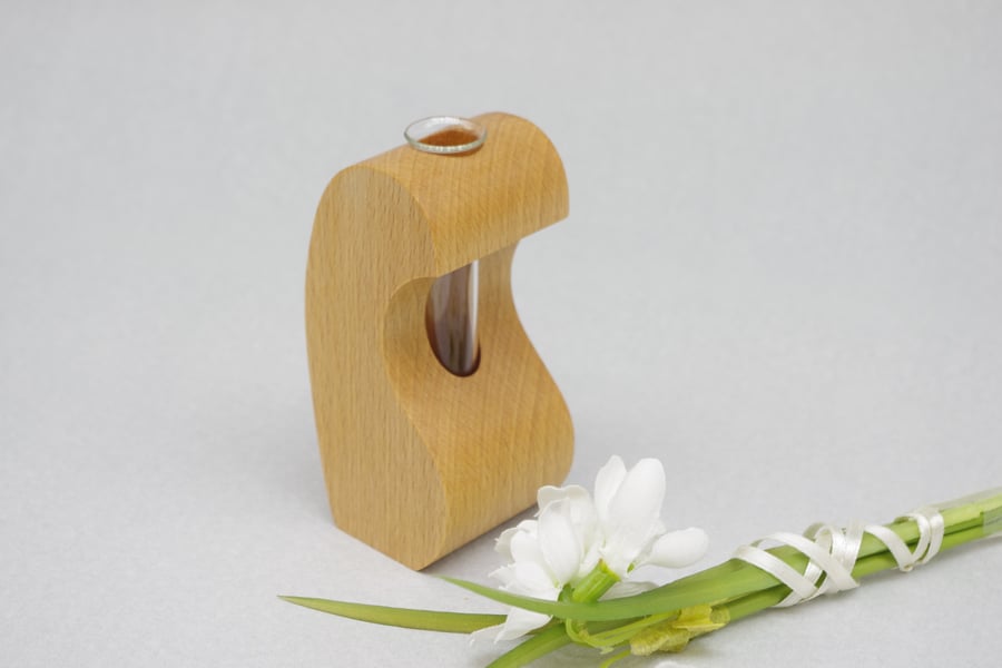 Small Handmade Wooden Vase With Test Tube. For Single Bud or Small Bunch.