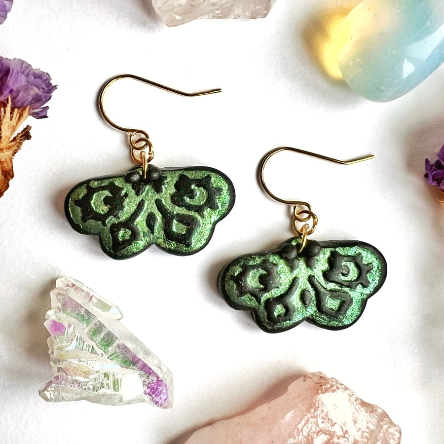 Green Moth Earrings, Handmade From Polymer Clay, Gold Plated Hooks, Black