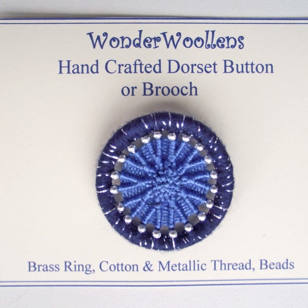 Dorset Button, Brooch or Pin, 4.4cm, Gift, Blue Cotton & Silver Thread