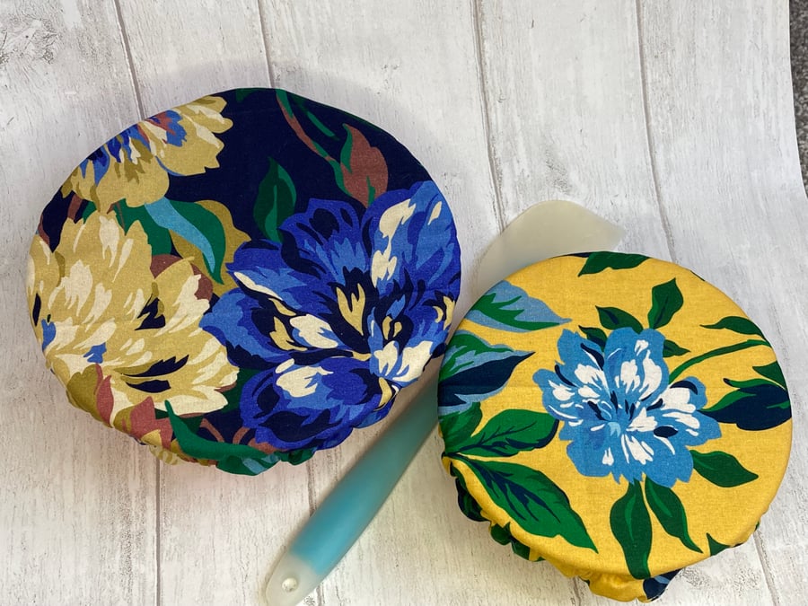 Reusable bowl covers - set of two. Navy and yellow