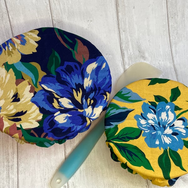Reusable bowl covers - set of two. Navy and yellow