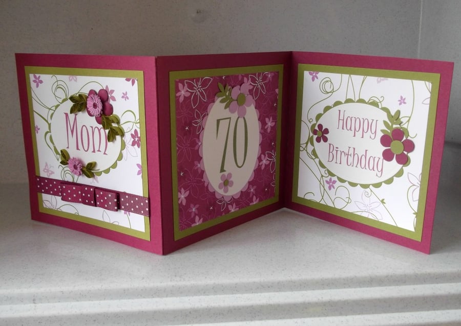 70th birthday card, handmade quilled personalised 3 panel