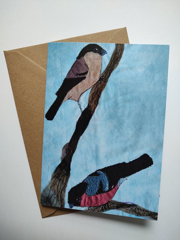 Bullfinches Embroidered Portrait Greetings Card