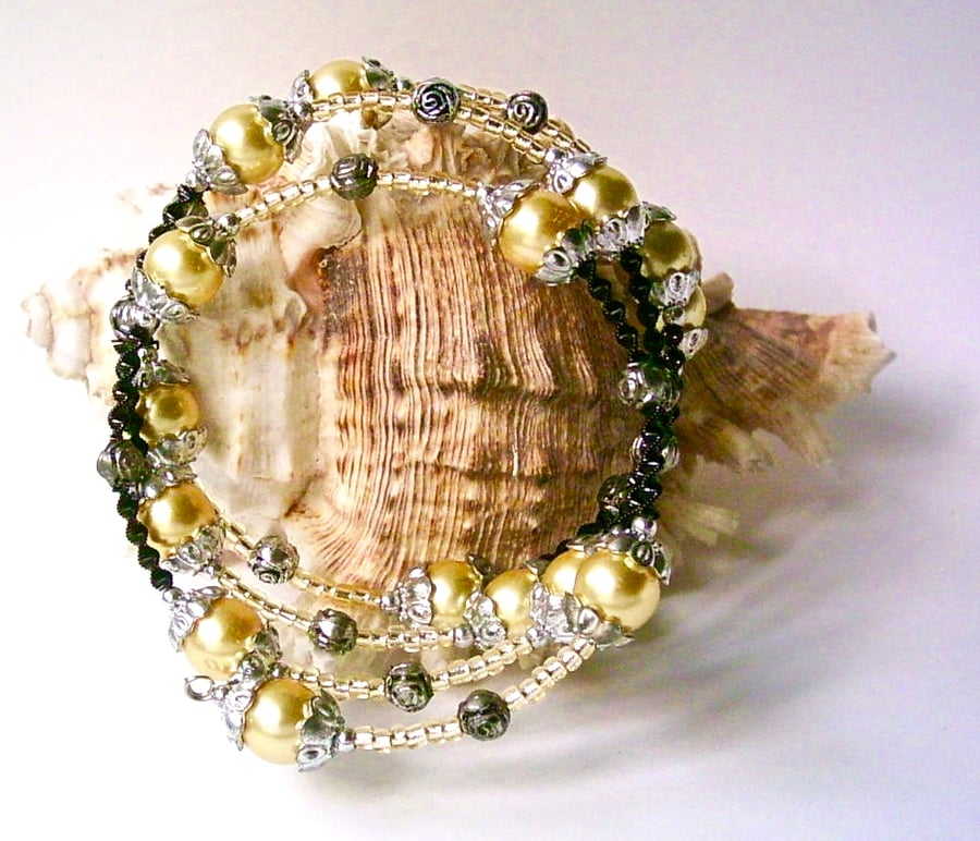 Yellow Glass Pearl Memory Wire Bracelet with Black & Silver-tone Embellishments