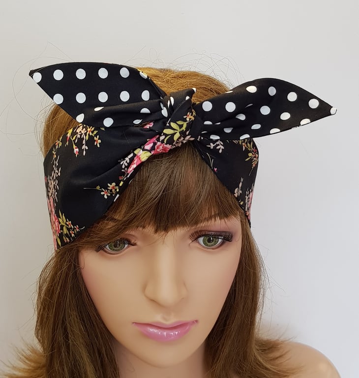 Floral and polka dot headband rockabilly hair scarf swing pin up head scarf