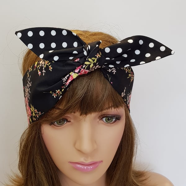 Floral and polka dot headband rockabilly hair scarf swing pin up head scarf