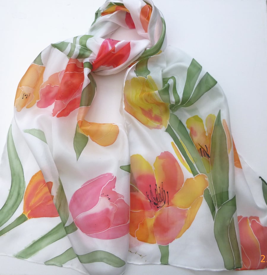 Tulips hand painted silk scarf