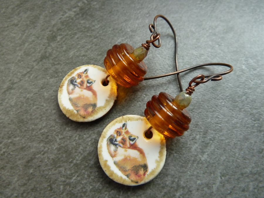 copper earrings, amber lampwork glass and ceramic fox charms